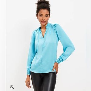 LOFT NWT Ruffle Tie Neck Mixed Media Blouse - Blue‎ Dusk
